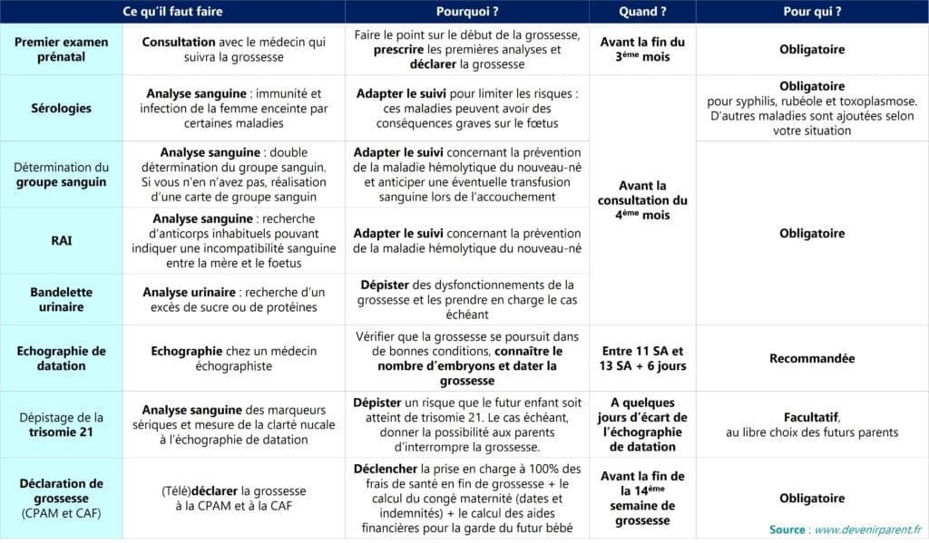 Calendrier de suivi de grossesse au premier trimestre